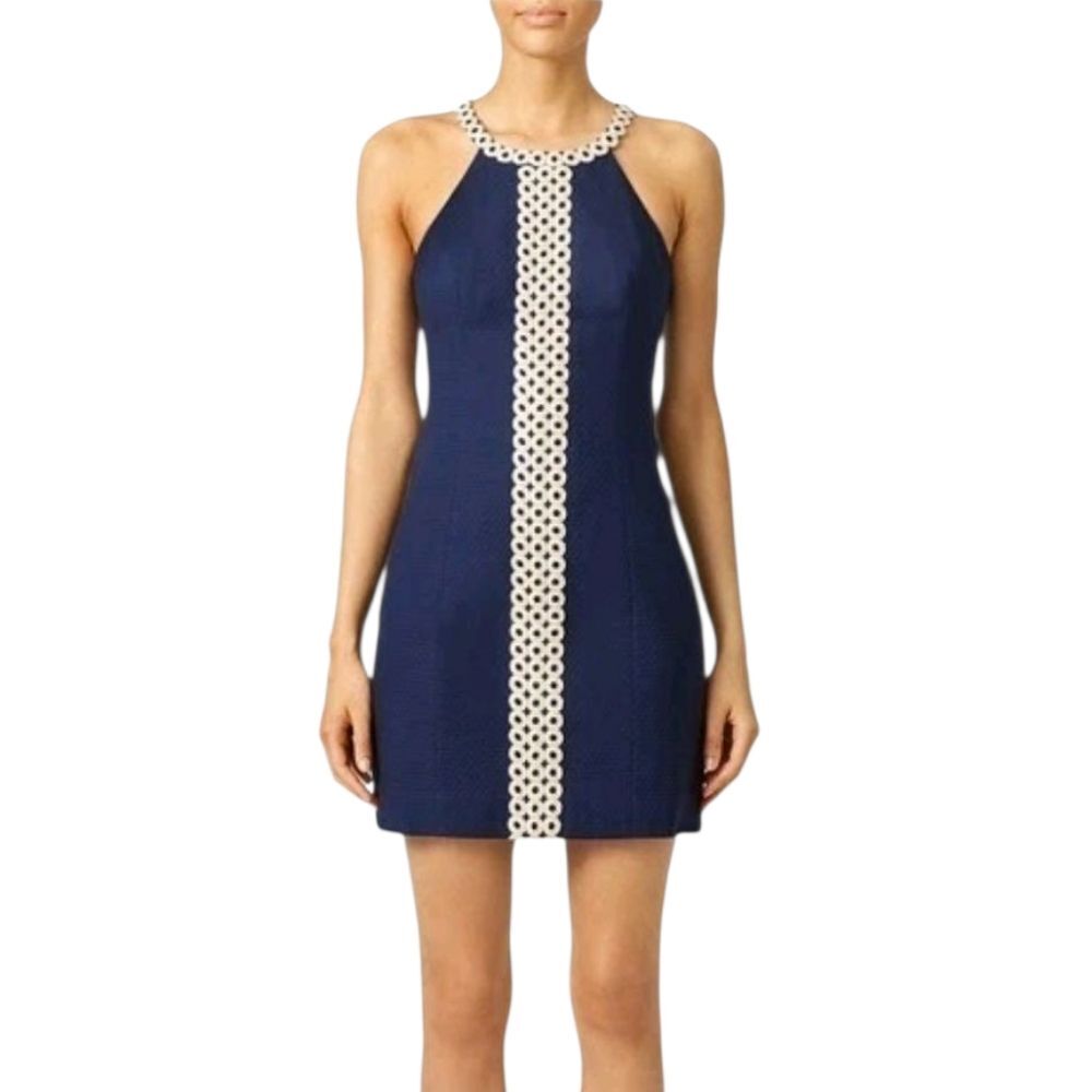 Lilly Pulitzer Sasha Navy Blue Shift w/ Metallic Gold Lace Applique sz 0